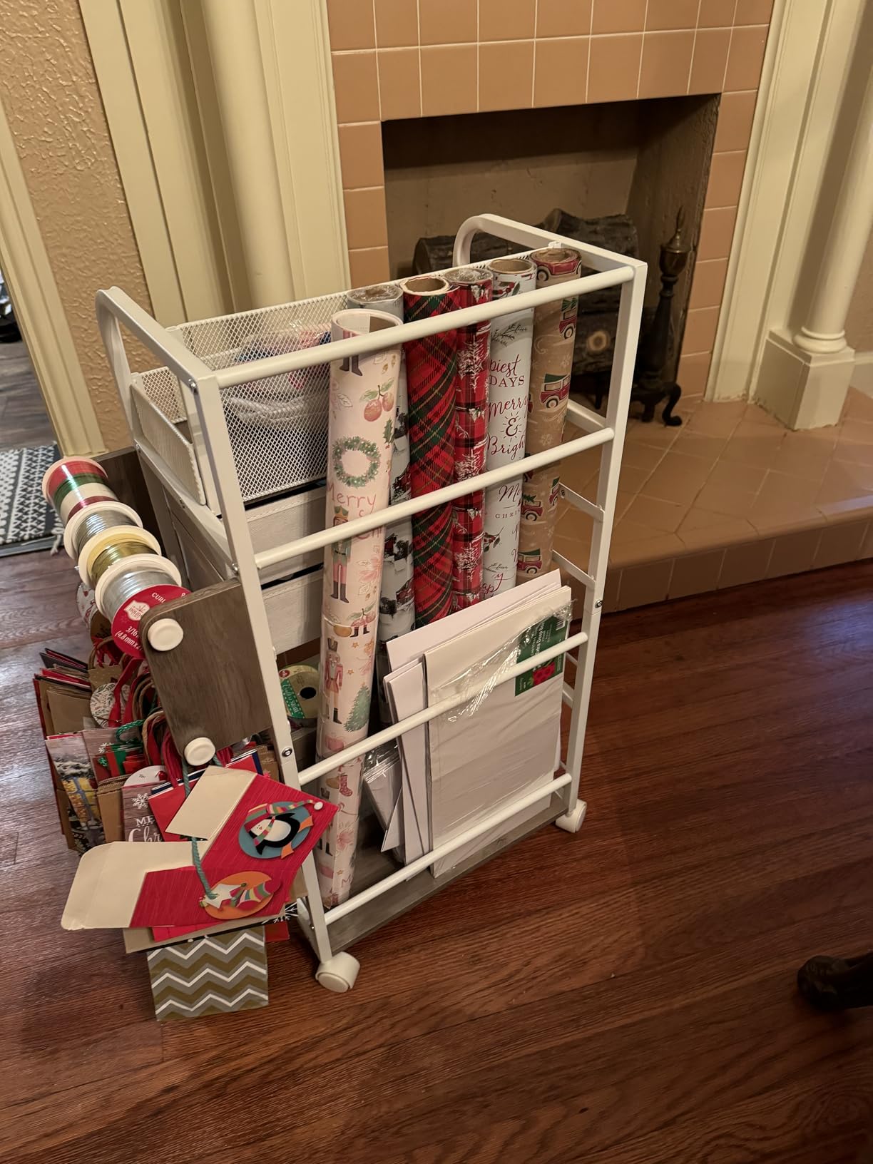 Rsaayekkt Rolling Wrapping Paper Storage Cart with Fabric Drawer White | Vertical gift wrapping organizer storage, fits 12x12 scrapbook paper, heavy duty craft cart with wheels, space saving station customer photo 2