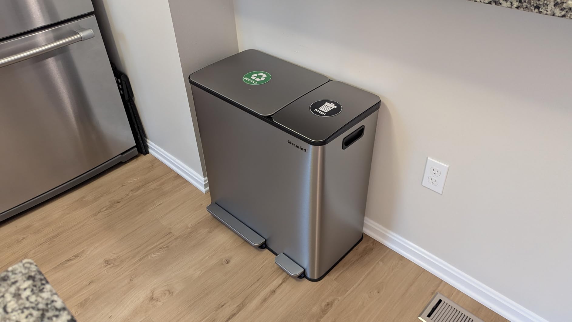 Lovewind Dual Trash and Recycling Bins for Kitchen, 13+6 Gallon Stainless Steel Garbage and Recycle Bin Combo, Soft Close Lid & Magnetic Stickers, Silver customer photo 1