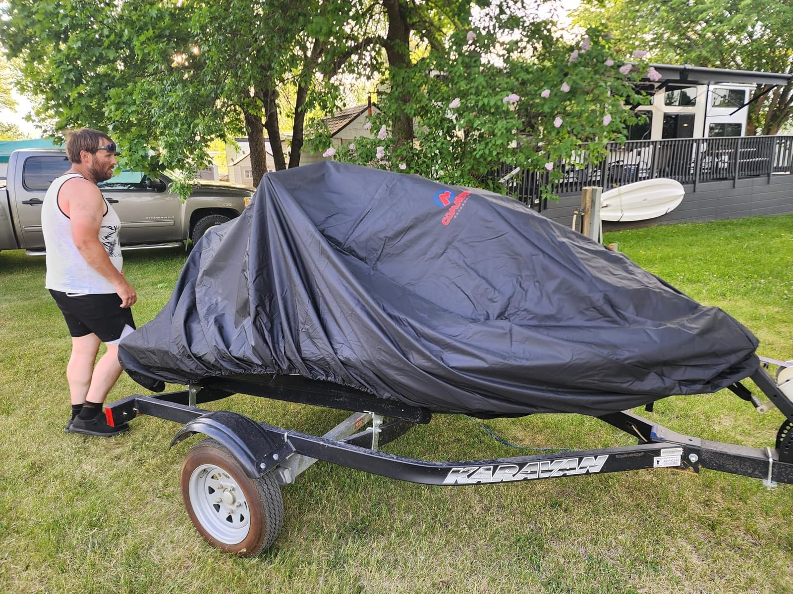 Comnova Jet Ski Cover 135-145 Inch - 600D Waterproof Trailerable Jetski Covers - Heavy Duty PWC Cover Fits Seadoo, Yamaha 2-3 Seater Personal Watercraft, All-Season Protection customer photo 1