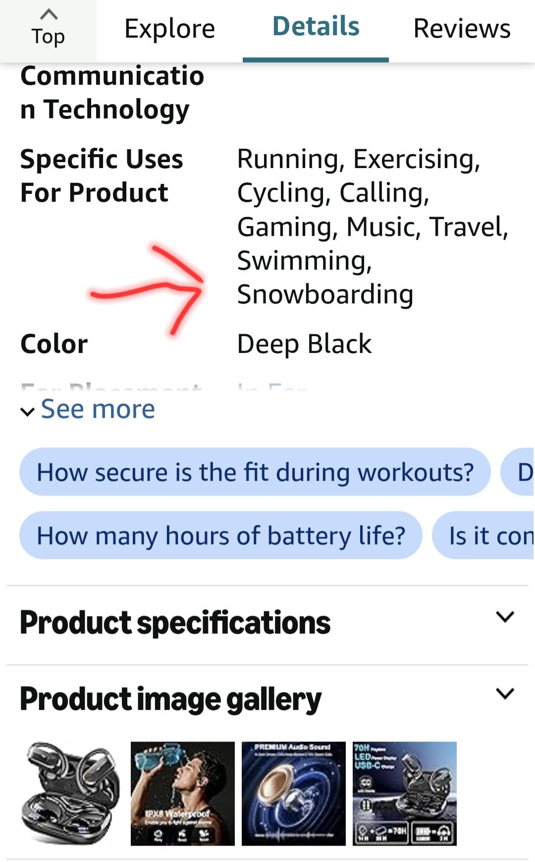 Ordtop Sport Wireless Earbuds with Earhooks, 70H Playtime, IPX8 Waterproof customer photo 1
