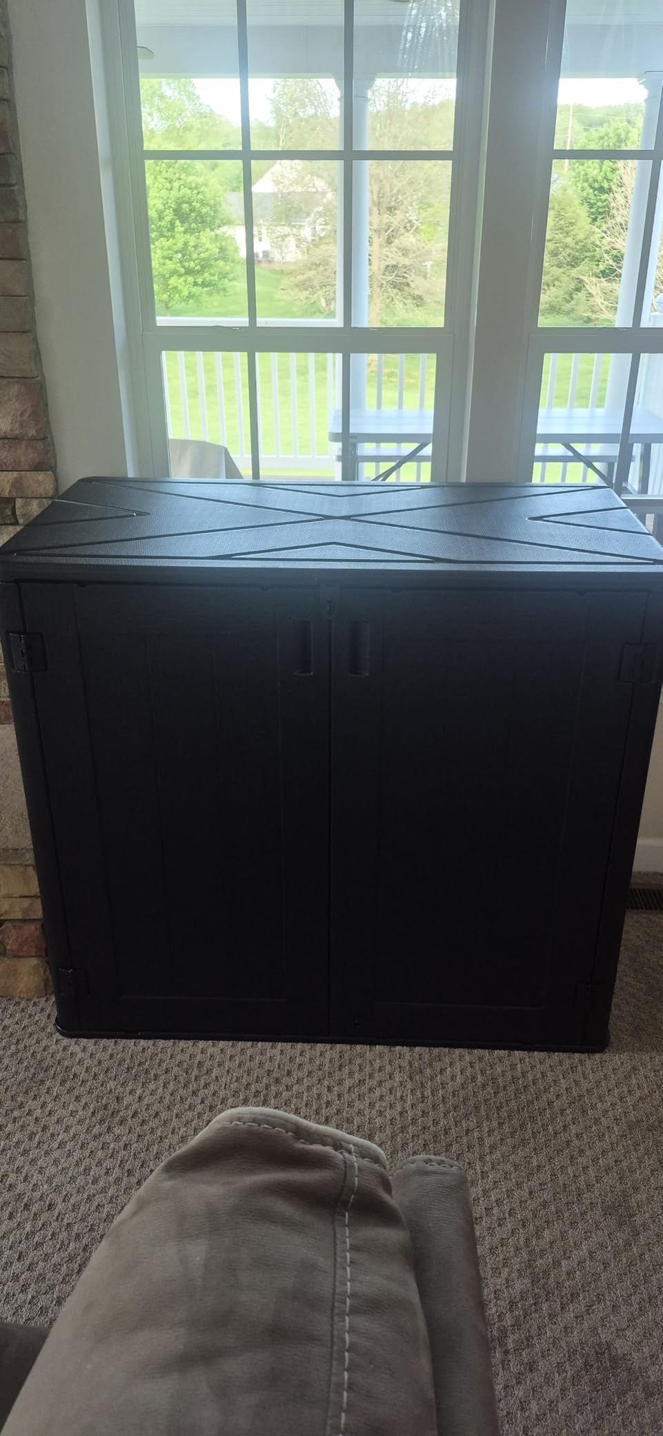 Outdoor Storage Cabinet, 31 Cu Ft Waterproof Horizontal Resin Storage Shed, Weather-Resistant Garden Shed Trash Can Storage with Pad-Lockable Doors for Backyards (Black) customer photo 2