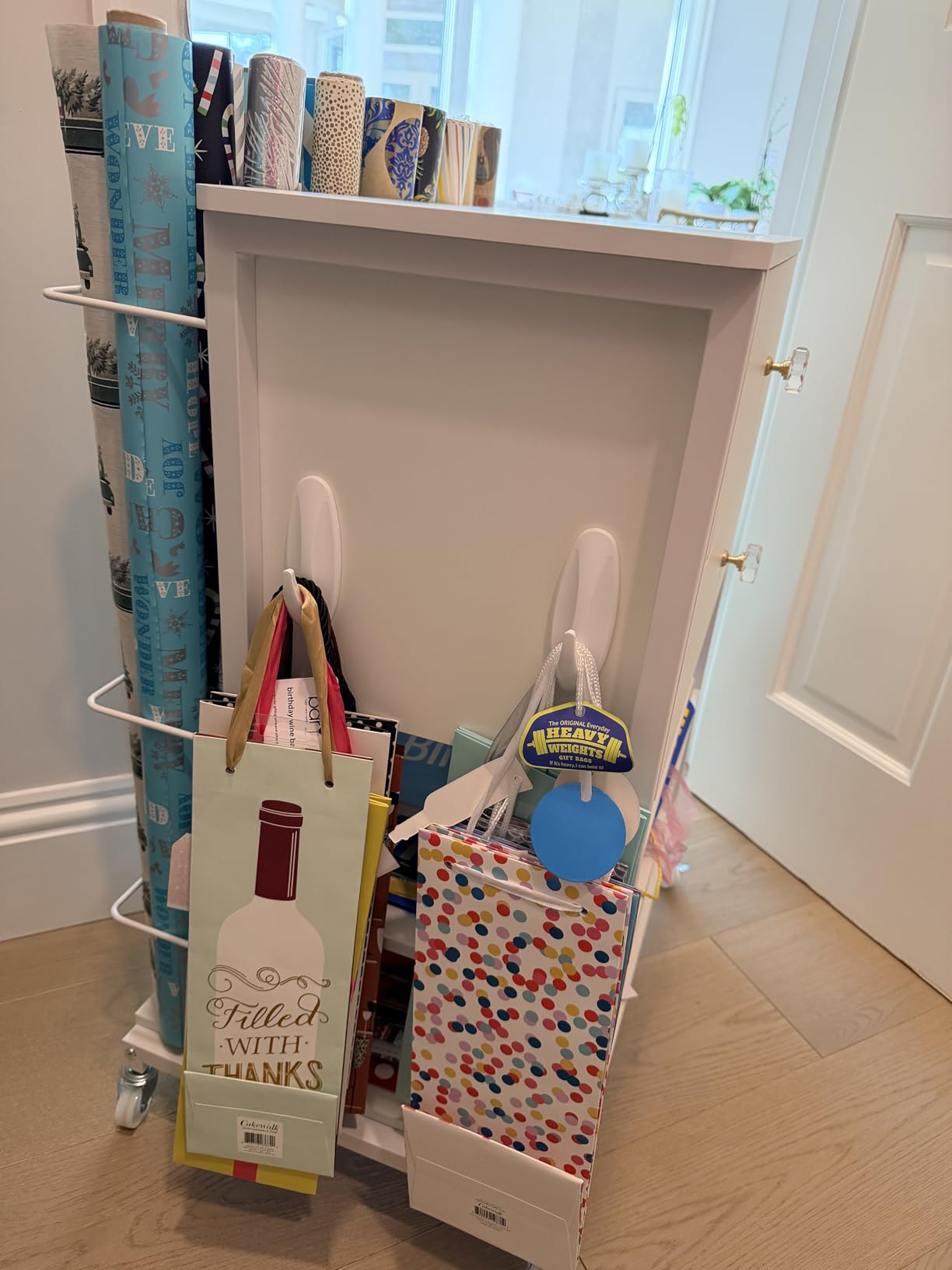 Wrapping Paper Storage & Organizer, Craft Cart with Ribbon & Gift Bag Storage, Wrapping Paper Organizer Holder (2 Wooden Drawers-Oak) customer photo 2