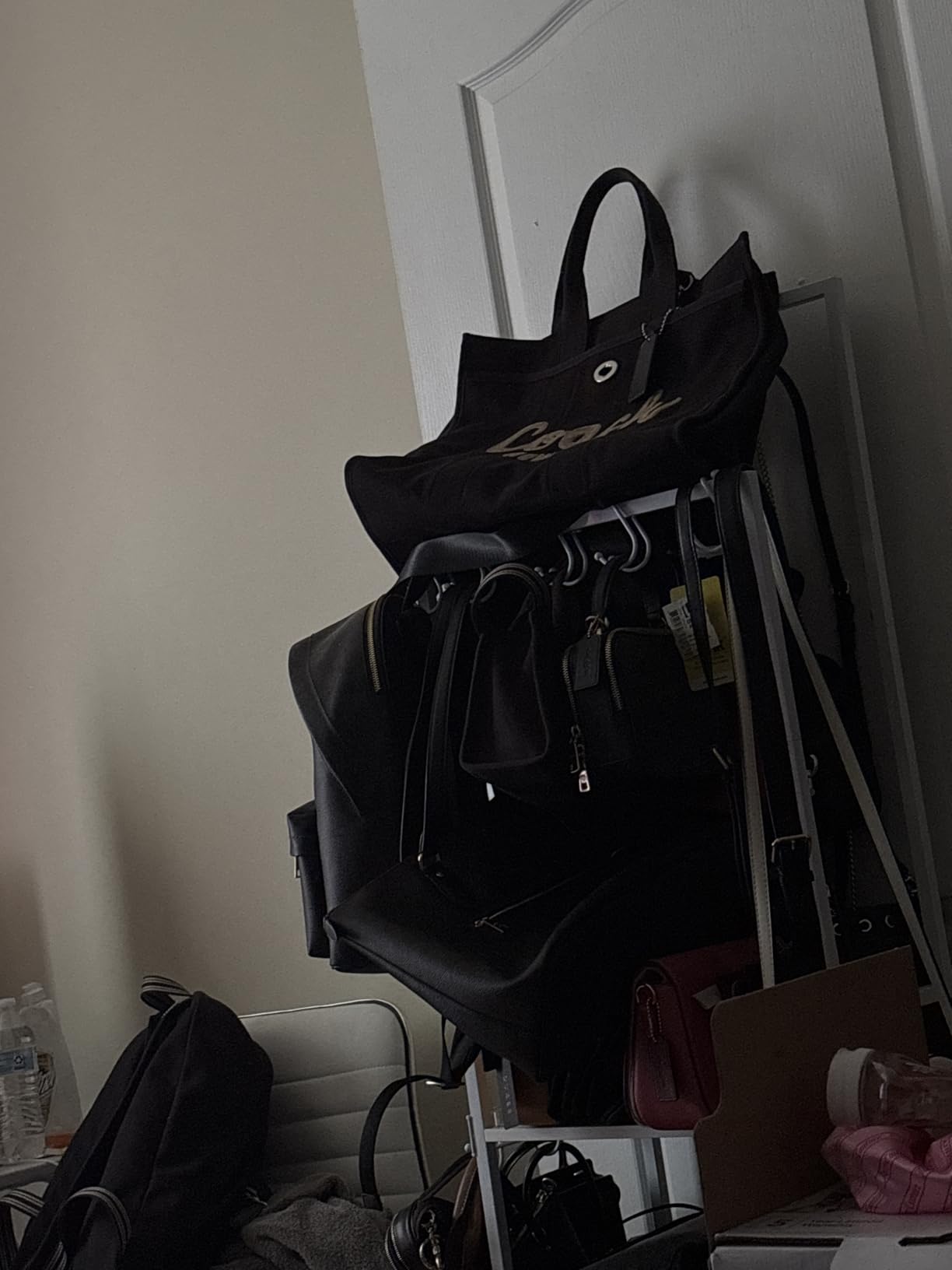 Tall Purse Organizer for Closet: 4-Tier Double Rods Purse Rack Stand, White | With 10 Purse Hanger & 6 Side Hooks, Visible Backpack Handbag Storage, Space-Saving Narrow Purse Shelf for Small Space, Home customer photo 1