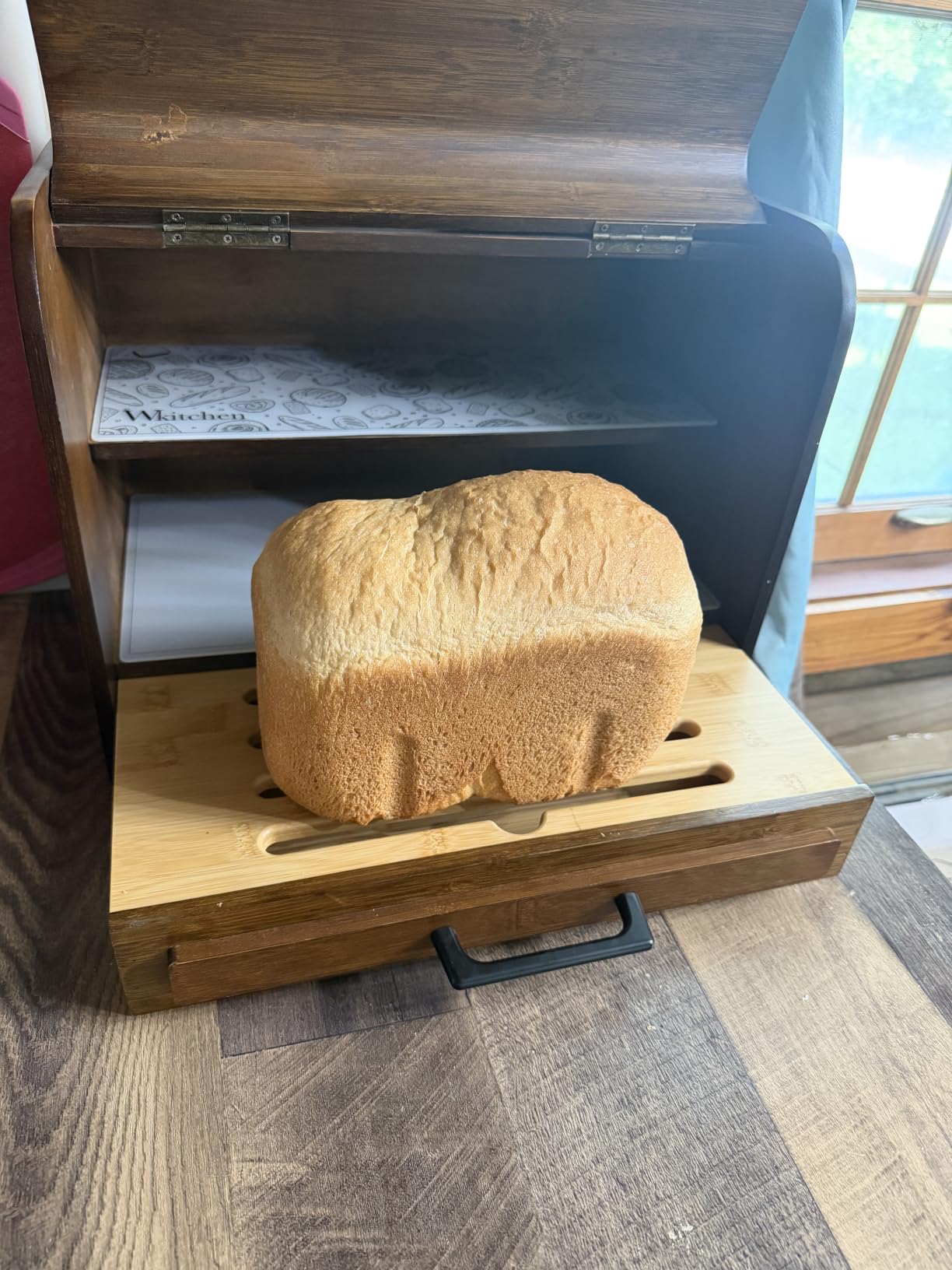 KNIFEPLANET Premium FULLY ASSEMBLED Rustic Bread Box - Extra Large Real Wood Bread Box for Kitchen Countertop Storage, Thick Durable Construction, Double Layer Design (17.5