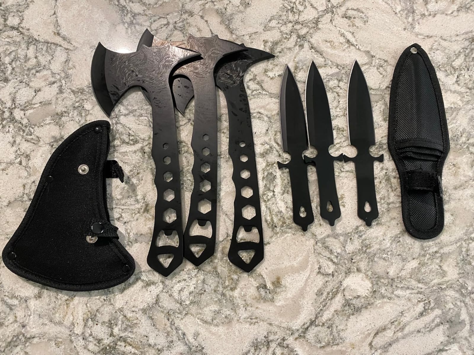 3 Pack Throwing Axe Set, Full Tang Stainless Steel Throwing Tomahawk Throwing Hatchet, 3 Pack Throwing Knives Set with Bottle Opener and Nylon Sheath for Backyard Recreation and Competition customer photo 1
