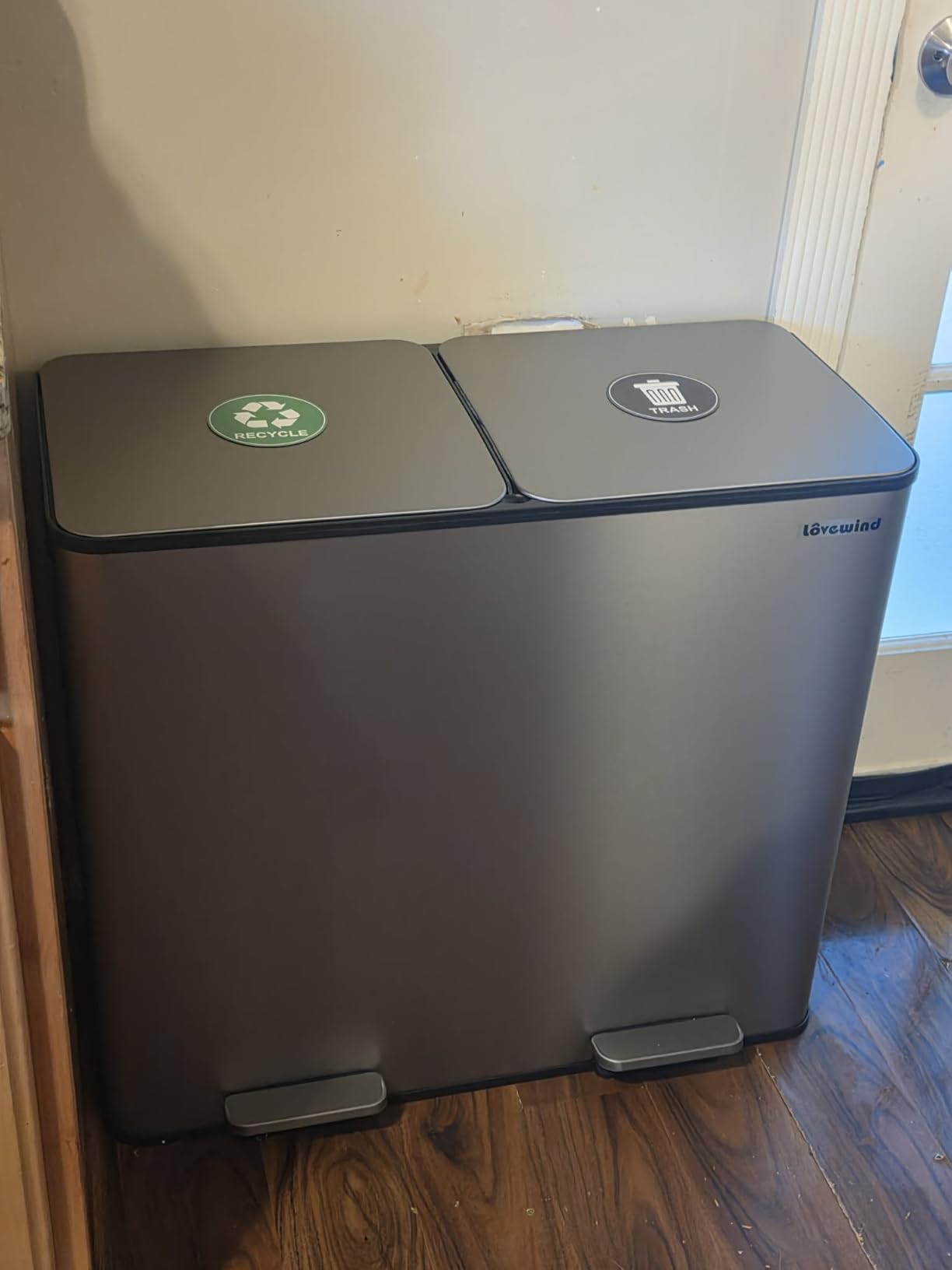 Dual Trash and Recycling Bins for Kitchen, 2x13 Gallon (2x 50L) Stainless Steel Trash and Recycle Bin Combo with Soft-Close Lid, Large Garbage Cans for Kitchen Home with 2 Magnets Sticker, Silver customer photo 2