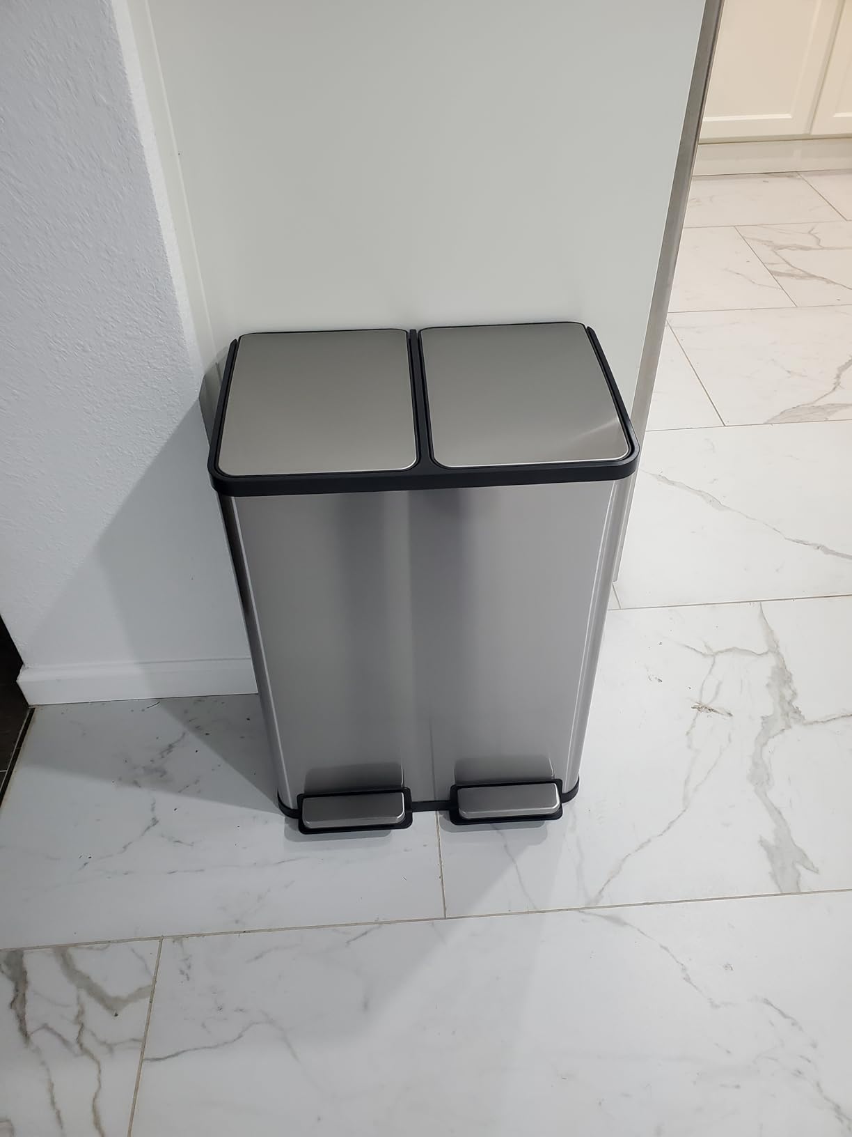 DUMOS Kitchen Trash Can, 2x8-Gallon Dual Trash Can with Lid, Stainless Steel Garbage Bin with 2 Removable Inner Buckets, Soft-Close Foot Pedal, Fingerprint-Resistant customer photo 1