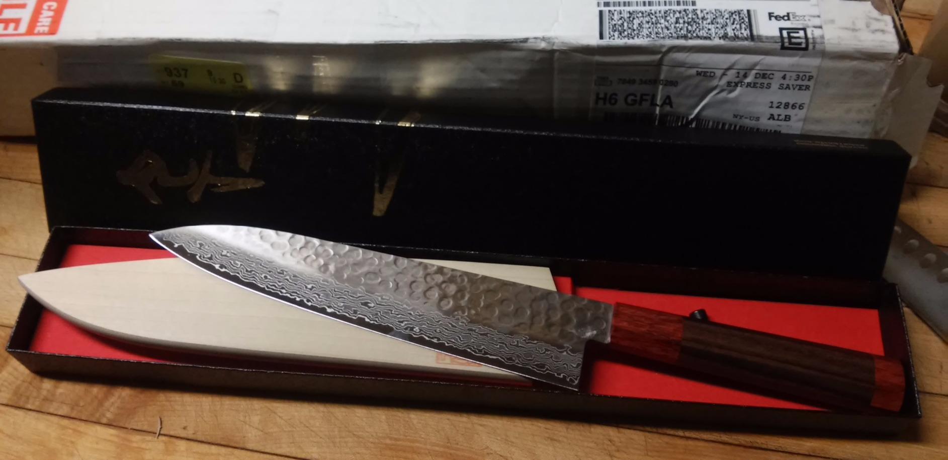 Yoshihiro VG10 46 Layers Hammered Damascus Gyuto Japanese Chefs Knife (Octagonal Shitan Rosewood Handle) (8.25
