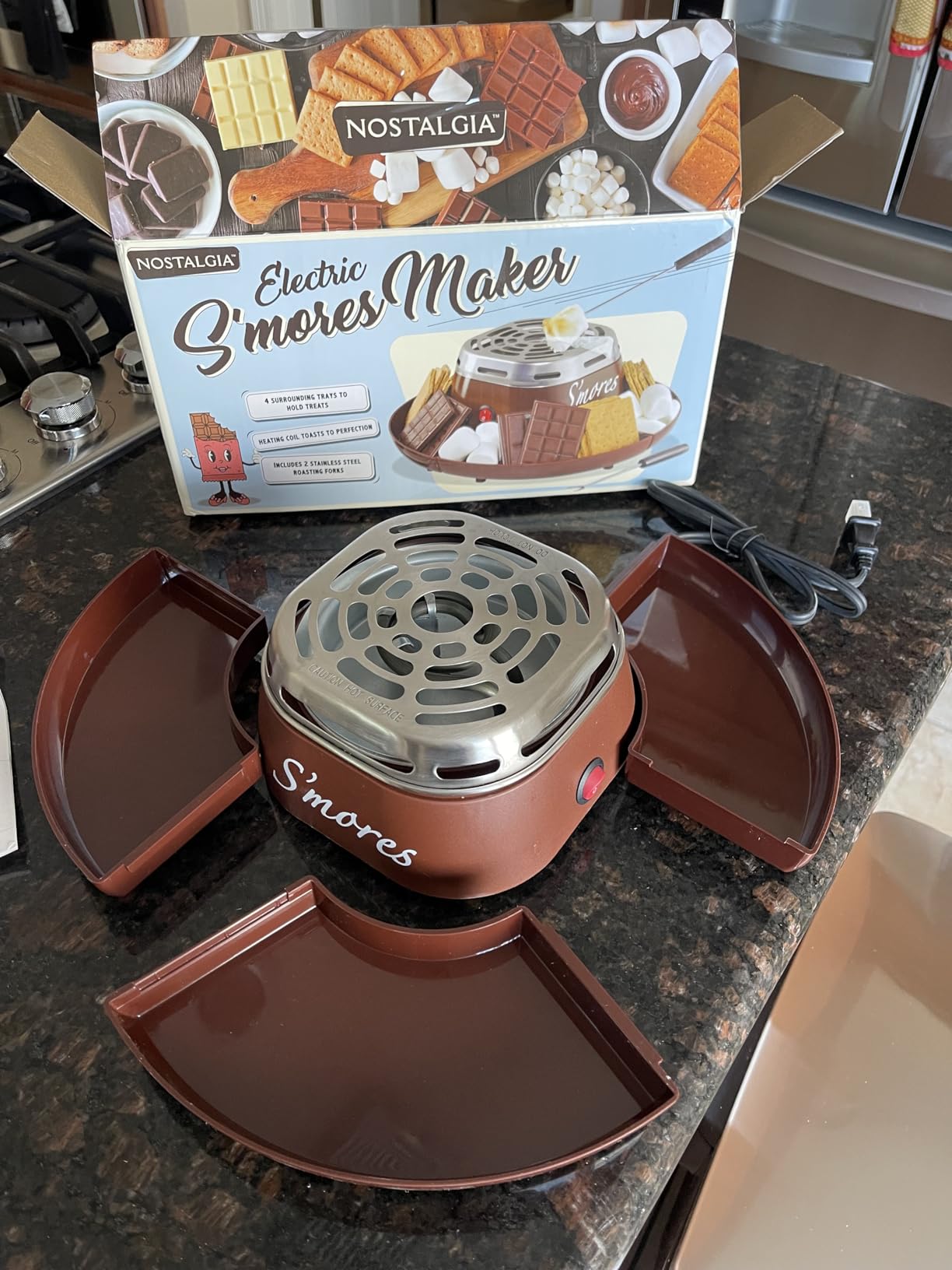 Nostalgia Tabletop Indoor Electric S'mores Maker - Smores Kit With Marshmallow Roasting Sticks and 4 Trays for Graham Crackers, Chocolate, and Marshmallows - Movie Night Supplies - Brown customer photo 1