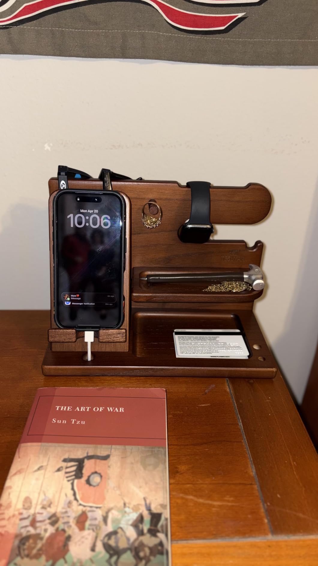 TESLYAR Wood Phone Docking Station for Men - Desk or Nightstand Organizer - Birthday Gifts for Husband or Dad - Anniversary Idea from Wife - Key Holder, Stand Wallet, Watch & Essentials (Earth Beige) customer photo 2