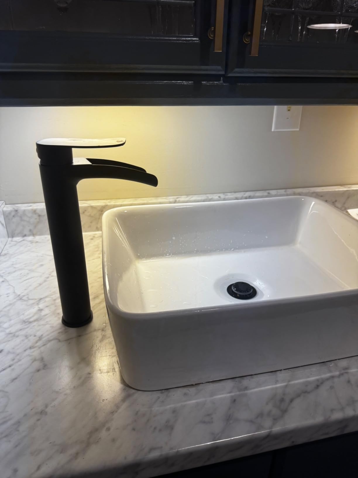 Phiestina Brushed Nickel Tall Bathroom Vessel Sink Faucet, Single Hole Single Handle Waterfall Modern Above Countertop Sink Bathroom Faucet, with Pop Up Drain and Water Supply Line, NS-SF01-BN-V customer photo 1