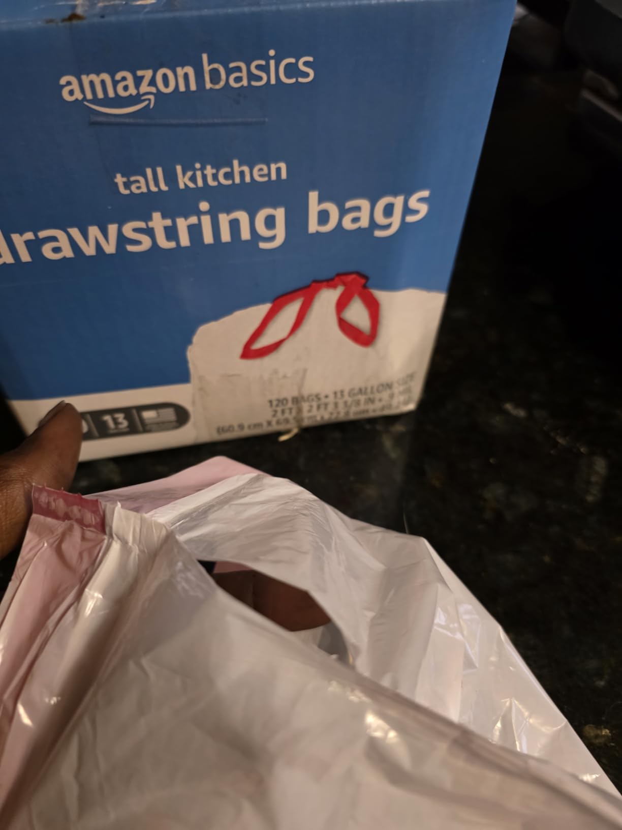 Amazon Basics Trash Bags, Tall Kitchen Drawstring, Unscented, 13 Gallon, 120 Count, Pack of 1, Packaging May Vary customer photo 2