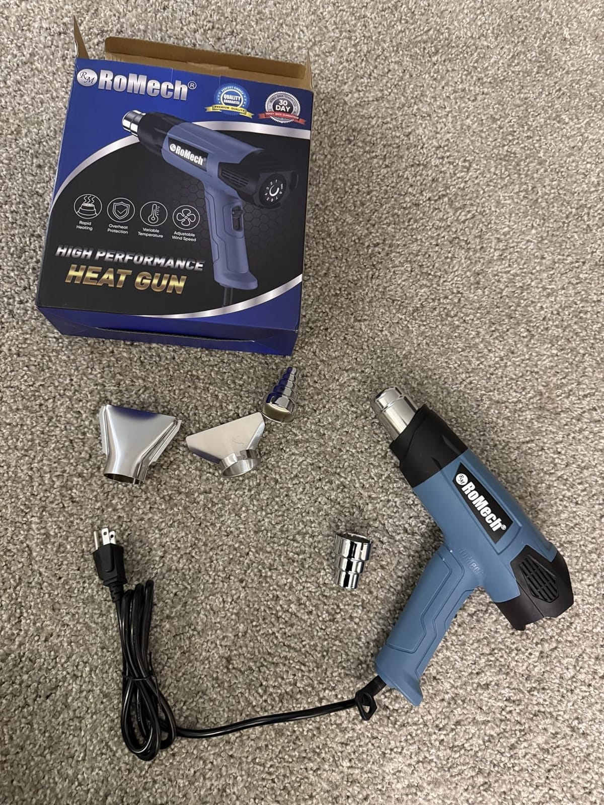 ROMECH Heat Gun, Heavy Duty Fast Heating, Variable Control 120°F~1200°F (50℃-500℃) 4 Nozzles Heat Gun for Crafting, Shrink Tubing,Vinyl Wrap (Blue) customer photo 1