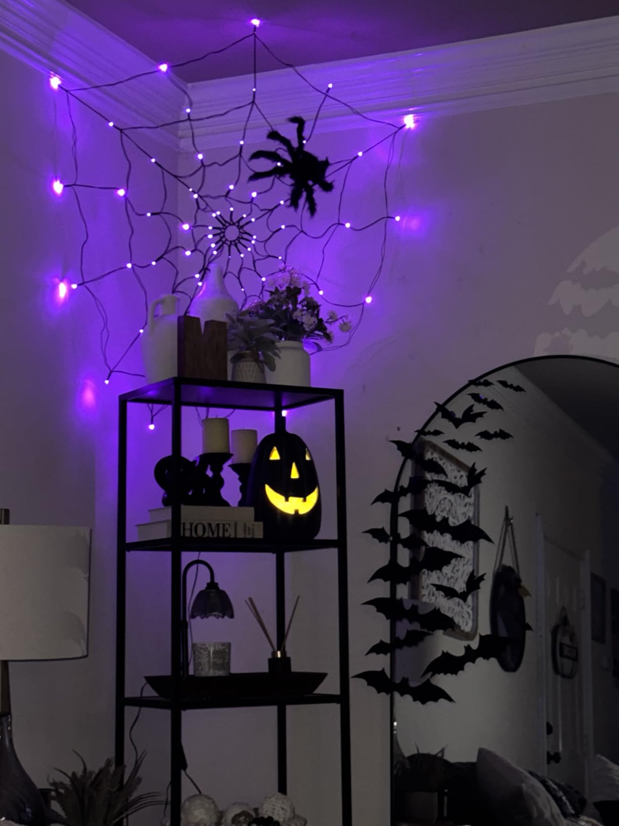 Halloween Decorations Spider Web Lights - 4FT Diameter 70 LEDs with Black Spider, Waterproof Net Lights, Remote Control, 8 Modes Cobweb Halloween Decorations for House Garden Indoor Outdoor (Purple) customer photo 1