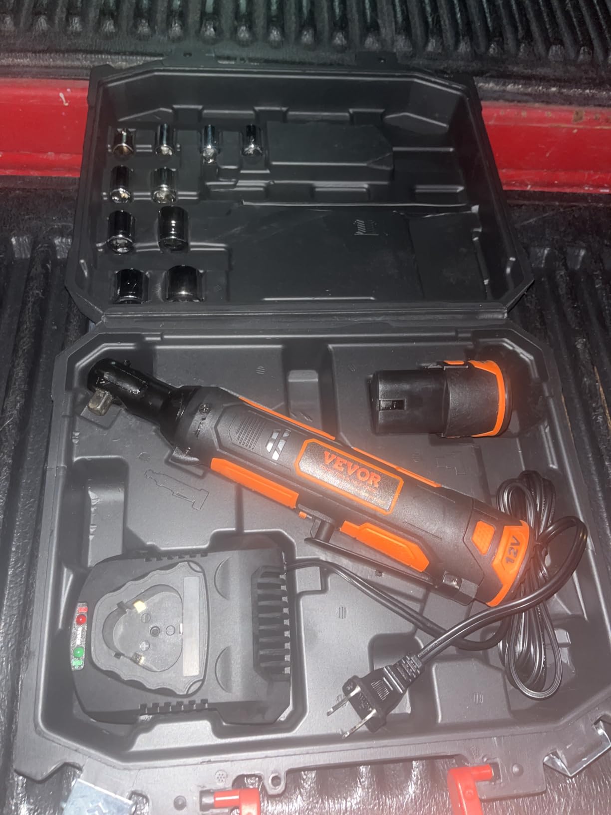 VEVOR Cordless Ratchet Wrench, 3/8 inch Drive, 240 RPM, up to 33 ft-lbs of Torque, Battery Powered Electric Ratchet Wrench Set with Two 2.0Ah Batteries, Charger, Sockets, Adaptor and Extension Bar customer photo 1