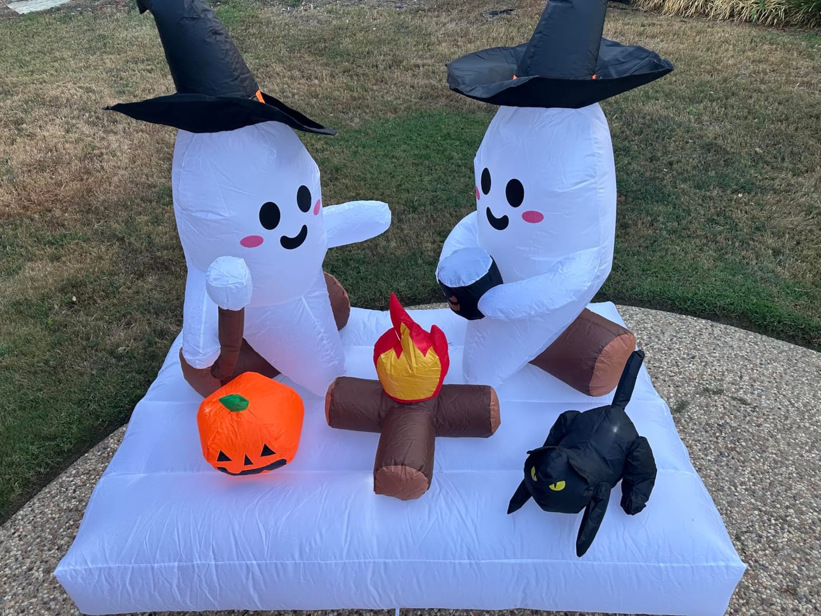 Halloween Inflatables Outdoor Decorations, 5.5FT Blow Up Yard Decorations Twin Ghosts with Campfire Pumpkin Black Cat, Built-in LED Lights, 7 Stakes 3 Hooks for Lawn Porch Party customer photo 2